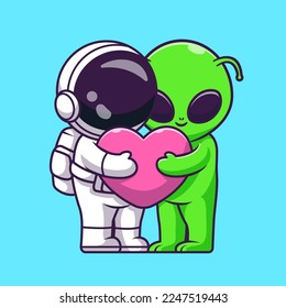 Cute Astronaut and Alien Hug Love Heart Cartoon Vector Icon Illustration. Science Technology Icon Concept Isolated Premium Vector. Flat Cartoon Style