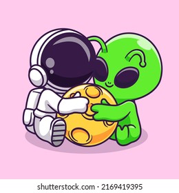 Cute Astronaut And Alien Hug Moon Cartoon Vector Icon Illustration. Science Technology Icon Concept Isolated Premium Vector. Flat Cartoon Style