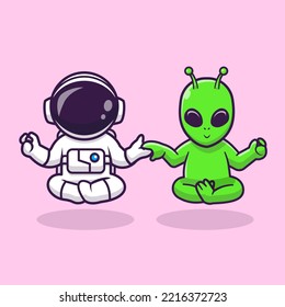 Cute Astronaut And Alien Meditation Yoga Cartoon Vector Icon Illustration. Science Sport Icon Concept Isolated Premium Vector. Flat Cartoon Style