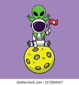 Cute Astronaut With Alien On Moon Cartoon Vector Icon Illustration. Science Technology Icon Concept Isolated Premium Vector.