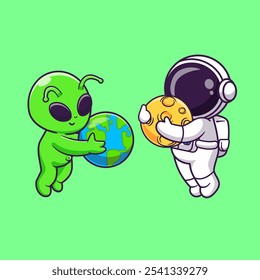 Cute Astronaut And Alien Playing Earth World Globe And 
Moon Planet Cartoon Vector Icon Illustration. Science 
Technology Icon Concept Isolated Premium Vector. Flat 
Cartoon Style 