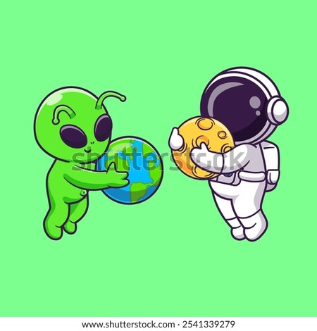 Cute Astronaut And Alien Playing Earth World Globe And 
Moon Planet Cartoon Vector Icon Illustration. Science 
Technology Icon Concept Isolated Premium Vector. Flat 
Cartoon Style 