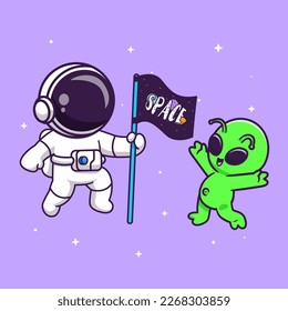 Cute Astronaut And Alien Playing With Flag In Space Cartoon Vector Icon Illustration. Science Technology Icon Concept Isolated Premium Vector. Flat Cartoon Style