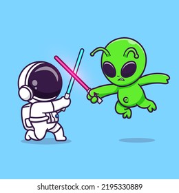 Cute Astronaut And Cute Alien Playing With Light Saber Cartoon Vector Icon Illustration Science Technology Icon Concept Isolated Premium Vector. Flat Cartoon Style