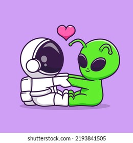 Cute Astronaut And Cute Alien Playing Together Cartoon Vector Icon Illustration. Science Technology Icon Concept Isolated Premium Vector. Flat Cartoon Style