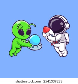 Cute Astronaut And Alien Playing Together With UFO And 
Rocket Cartoon Vector Icon Illustration. Science Technology 
Icon Concept Isolated Premium Vector. Flat Cartoon Style 