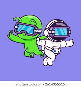 Cute Astronaut And Alien Playing Virtual Reality Game In Space Cartoon Vector Icon Illustration. Science Technology Icon Concept Isolated Premium Vector. Flat Cartoon Style