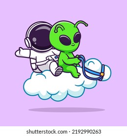 Cute Astronaut And Alien Riding Horse Cloud Cartoon Vector Icon Illustration Science Technology Icon Concept Isolated Premium Vector. Flat Cartoon Style