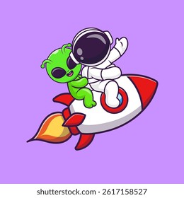 Cute Astronaut And Alien Riding Rocket Cartoon Vector Icon Illustration. Science Technology Icon Concept Isolated Premium Vector. Flat Cartoon Style