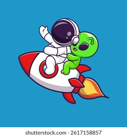 Cute Astronaut And Alien Riding Rocket Cartoon Vector Icon Illustration. Science Technology Icon Concept Isolated Premium Vector. Flat Cartoon Style