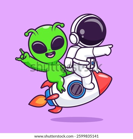 Cute Astronaut And Alien Riding Rocket Cartoon Vector Icon Illustration. Science Technology Icon Concept Isolated Premium Vector. Flat Cartoon Style