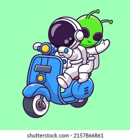 Cute Astronaut And Alien Riding Scooter Cartoon Vector Icon Illustration. Science Technology Icon Concept Isolated Premium Vector. Flat Cartoon Style