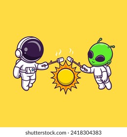 Cute Astronaut and Alien Roasting Marshmallow On Sun
Cartoon Vector Icon Illustration. Science Food Icon Concept
Isolated Premium Vector. Flat Cartoon Style