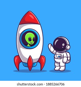 Cute Astronaut With Alien In Rocket Cartoon Vector Icon Illustration. Science Technology Icon Concept Isolated Premium Vector. Flat Cartoon Style