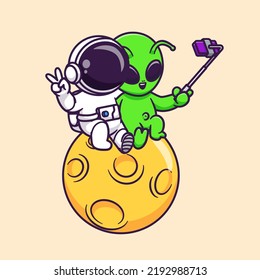 Cute Astronaut And Alien Selfie With Phone On Moon Cartoon Vector Icon Illustration Science Technology Icon Concept Isolated Premium Vector. Flat Cartoon Style