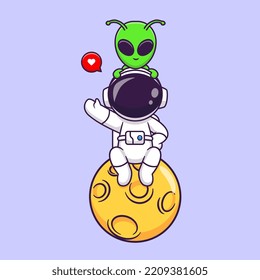 Cute Astronaut with Alien Sitting on Moon   Cartoon Vector Icon Illustration Science Technology Icon Concept Isolated Premium Vector. Flat Cartoon Style