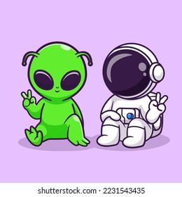 Cute Astronaut And Alien Sitting With Peace Hand Cartoon Vector Icon Illustration. Science Technology Icon Concept Isolated Premium Vector. Flat Cartoon Style