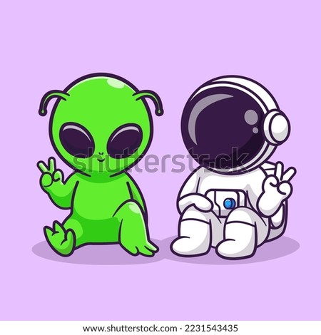 Cute Astronaut And Alien Sitting With Peace Hand Cartoon Vector Icon Illustration. Science Technology Icon Concept Isolated Premium Vector. Flat Cartoon Style