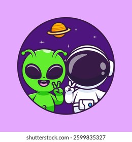 Cute Astronaut And Alien In Space Logo Cartoon Vector Icon Illustration. Science Technology Icon Concept Isolated Premium Vector. Flat Cartoon Style