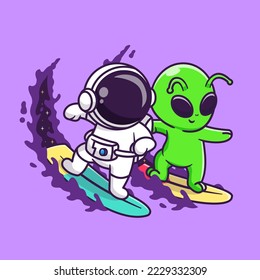 Cute Astronaut And Alien Surfing In Space Together Cartoon Vector Icon Illustration. Science Sport Icon Concept Isolated Premium Vector. Flat Cartoon Style