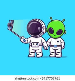 Cute Astronaut and Alien Taking Selfie with Phone Cartoon
Vector Icon Illustration. Science Technology Icon Concept
Isolated Premium Vector. Flat Cartoon Style
