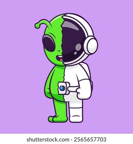 Cute Astronaut And Alien Together Cartoon Vector Icon 
Illustration. Science Technology Icon Concept Isolated 
Premium Vector. Flat Cartoon Style