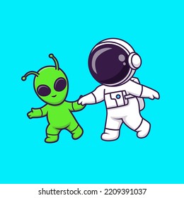 Cute Astronaut and Alien Walking with Holding Hand Cartoon Vector   Icon   Illustration   Science   Technology    Icon Concept Isolated Premium Vector. Flat Cartoon Style