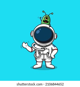 Cute astronaut and alien waving hand, illustration