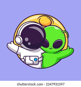 Cute Astronaut and Alien Waving Hand On Moon Cartoon Vector Icon Illustration. Science Technology Icon Concept Isolated Premium Vector. Flat Cartoon Style