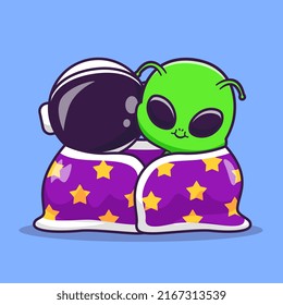 Cute Astronaut And Alien Wearing Blanket Together Cartoon Vector Icon Illustration Science Technology Icon Concept Isolated Premium Vector. Flat Cartoon Style