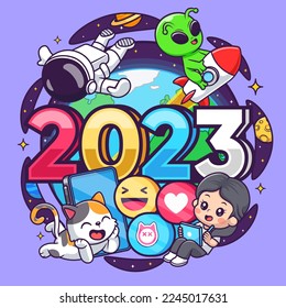 Cute Astronaut, Alien, Woman, And Cat Playing In 2023 New Year In Space Cartoon Vector Icon Illustration. People Holiday Icon Concept Isolated Premium Vector. Flat Cartoon Style