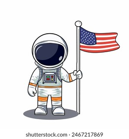 Lindo astronauta con bandera americana en la luna. Estilo de dibujos animados planos. Ilustración vectorial.