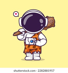 Cute Astronaut Ancient Human Holding Wood Stick Cartoon Vector Icon Illustration. Science Technology Icon Concept Isolated Premium Vector. Flat Cartoon Style