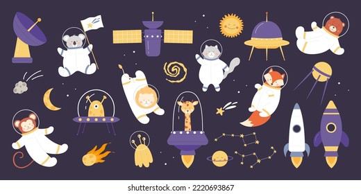 Cute astronaut animals in space travel set vector illustration. Cartoon isolated baby cosmonaut characters in fun adventure, animals in spacesuits explore galaxy universe on cosmic background