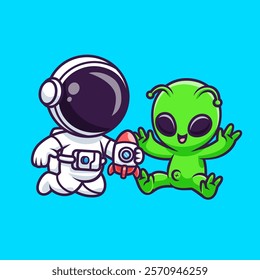 Cute Astronaut And Baby Alien Playing Rocket Toy Cartoon 
Vector Icon Illustration. Science Technology Icon Concept 
Isolated Premium Vector. Flat Cartoon Style 