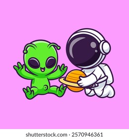 Cute Astronaut And Baby Alien Playing Planet Toy Cartoon 
Vector Icon Illustration. Science Technology Icon Concept 
Isolated Premium Vector. Flat Cartoon Style 