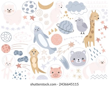 Cute astronaut baby animals and birds cartoon characters wearing helmet floating among comets, meteorites and stars in space set vector illustration in Scandinavian style. Cosmic adventure print