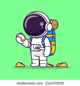 Cute Astronaut Backpacker With Compass Cartoon Vector Icon Illustration. Science Nature Icon Concept Isolated Premium Vector. Flat Cartoon Style