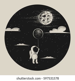 Cute astronaut with balloon fly to moon.Strange night.Childish vector illustration