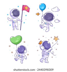 Lindo astronauta con globos, conjunto de estilo de dibujos animados