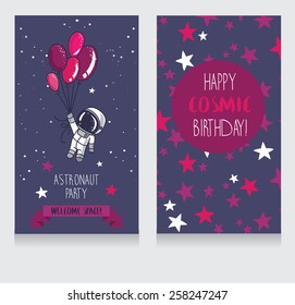 cute astronaut with balloons on starry background, funny invitation cards for boy's birthday party, cosmic vector illustration