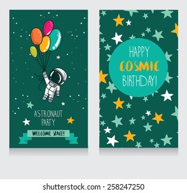 Cute Astronaut With Balloons On Starry Background, Funny Invitation Cards For Boy's Birthday Party, Cosmic Vector Illustration