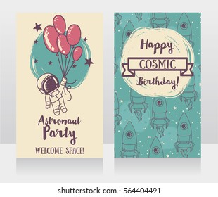 Cute  Astronaut With Balloons On Starry Background, Funny Invitation Cards For Cosmic Birthday Party, Vector Illustration