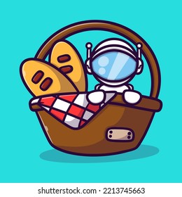 cute astronaut in a basket with bread inside cartoon vector icon illustration