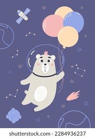 Cute astronaut bear with balloons, stars, planets and meteorite on blue background. Vector vertical illustration for baby collection, design, decor, cards and print