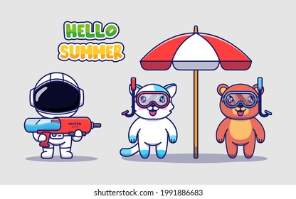 Cute astronaut, bear, and cat with hello summer greeting banner