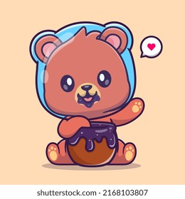 Cute Astronaut Bear Eating Honey Space Cartoon Vector Icon Illustration. Animal Science Icon Concept Isolated Premium Vector. Flat Cartoon Style
