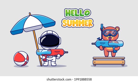 Cute astronaut and bear with hello summer greeting banner