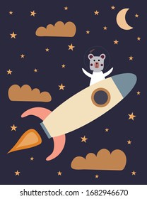 Cute astronaut bear on a space rocket with clouds, stars and the moon as a background