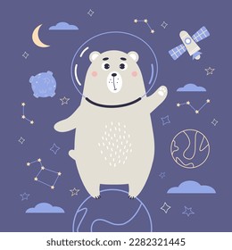 Cute astronaut bear in space on blue background with spaceship, stars, planets and moon. Vector illustration for baby collection, design, decor, cards and print